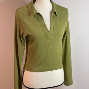 Stradivarius Women's Top XL Green Other Long Sleeve V-Neck Basic